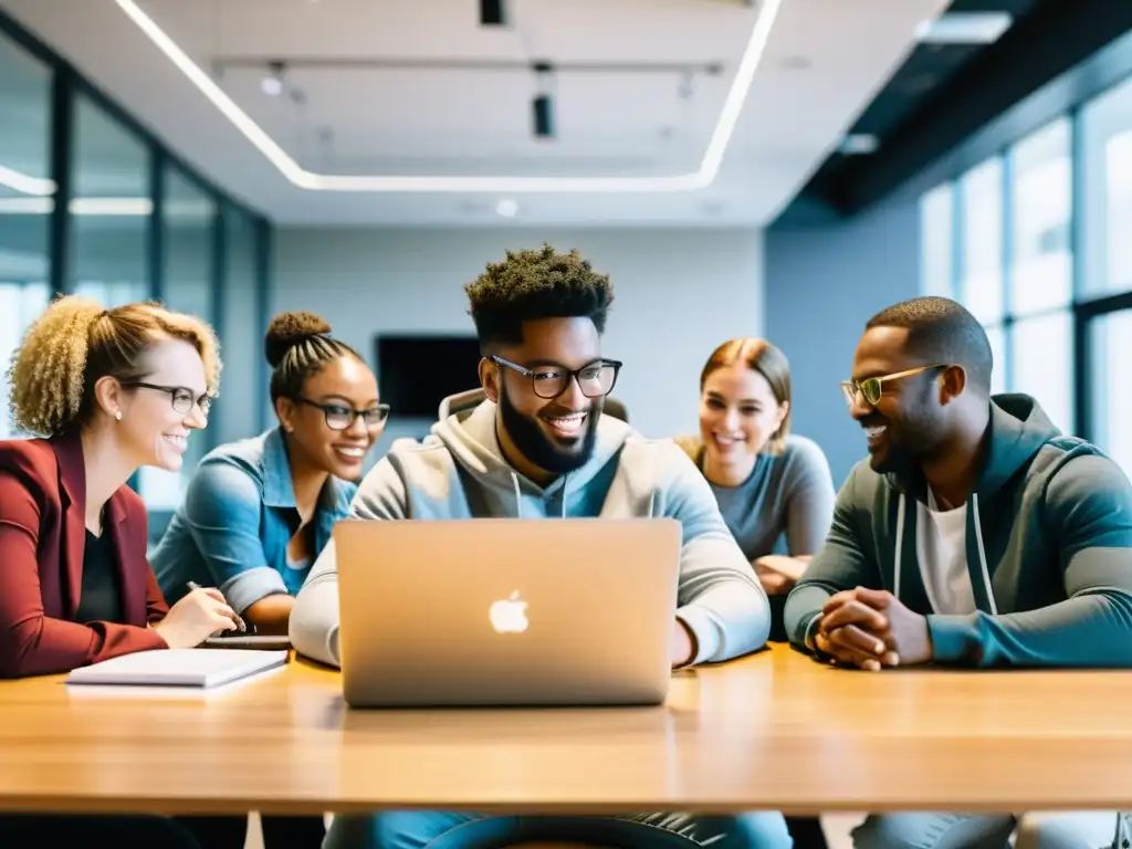 Equipo diverso colaborando en proyectos de código abierto en una oficina moderna