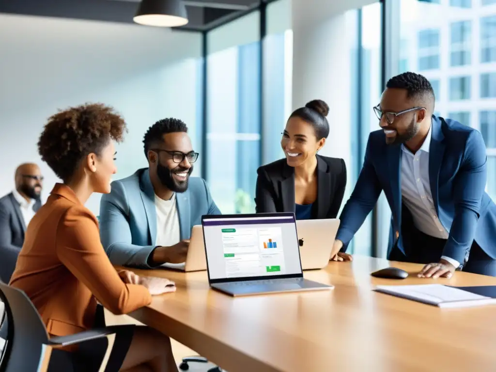 Un equipo diverso colabora en gestión de proyectos en Linux, en una oficina abierta y moderna