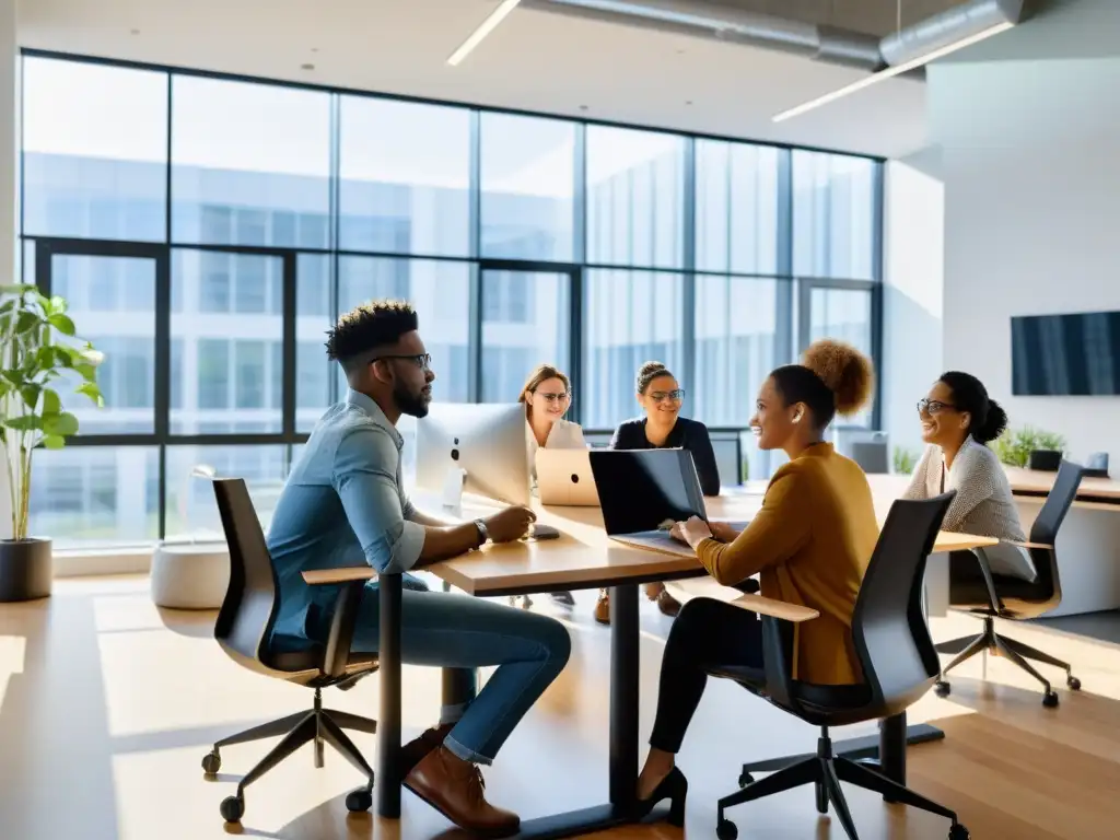 Un equipo diverso contribuye en proyectos open source en una oficina moderna y dinámica con luz natural y tecnología innovadora