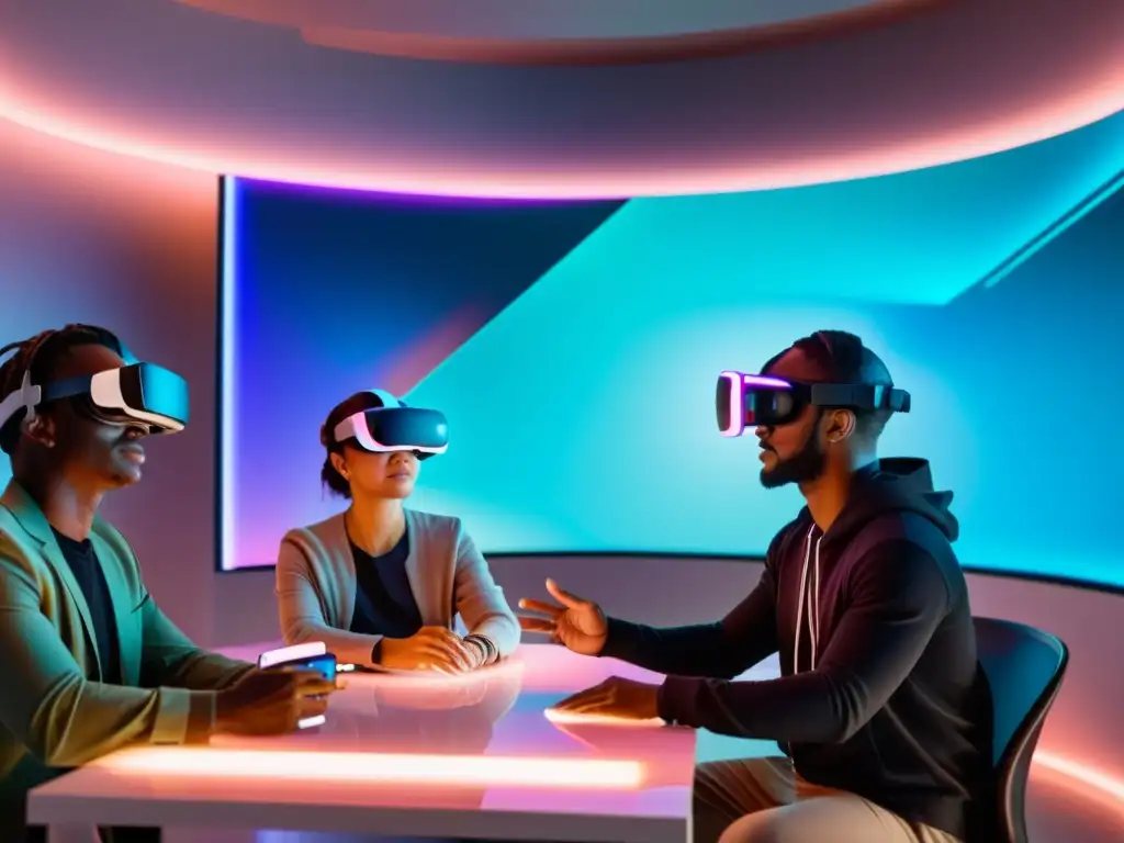 Colaboración en Realidad Virtual: Proyecto de Código Abierto Un equipo diverso colabora en proyectos de realidad virtual de código abierto en un espacio futurista, bañado en luz neón suave