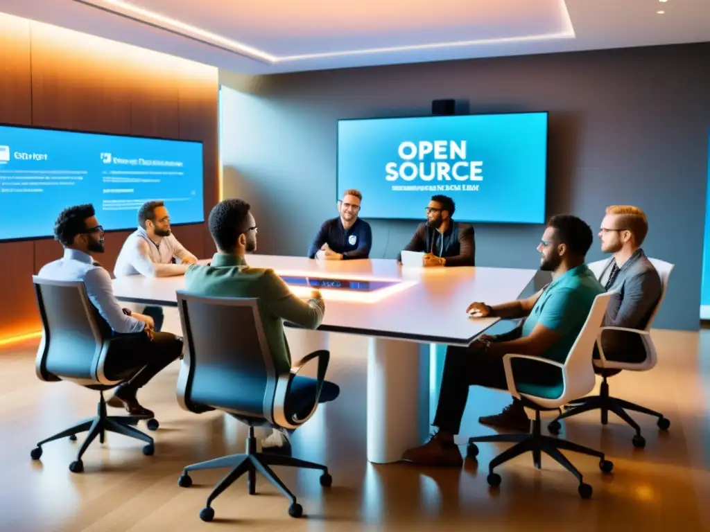 Equipo diverso colaborando en proyectos open source en una sala tecnológica con pantalla de código y gadgets futuristas