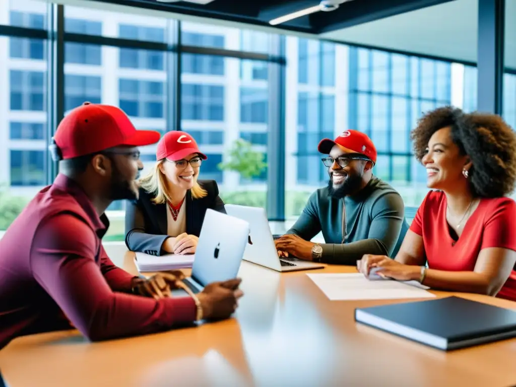 Equipo diverso de Red Hat reunido en una animada discusión en una oficina moderna