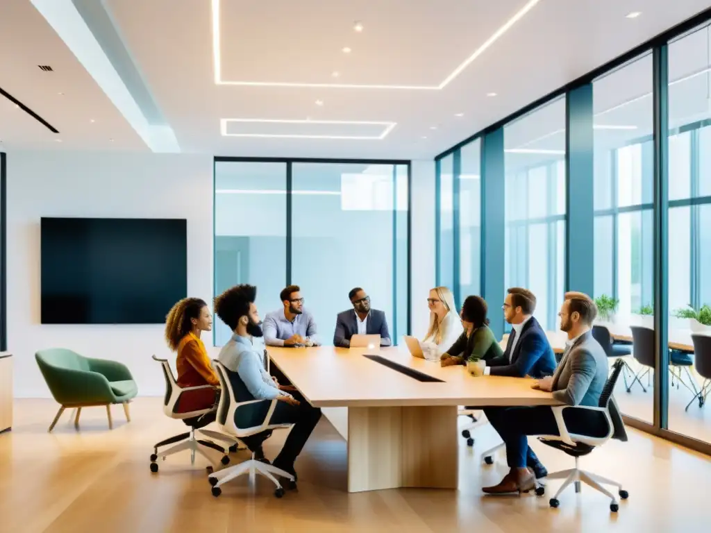 Un equipo diverso en una sala de reuniones, discutiendo animadamente sobre plataformas de comercio electrónico open source