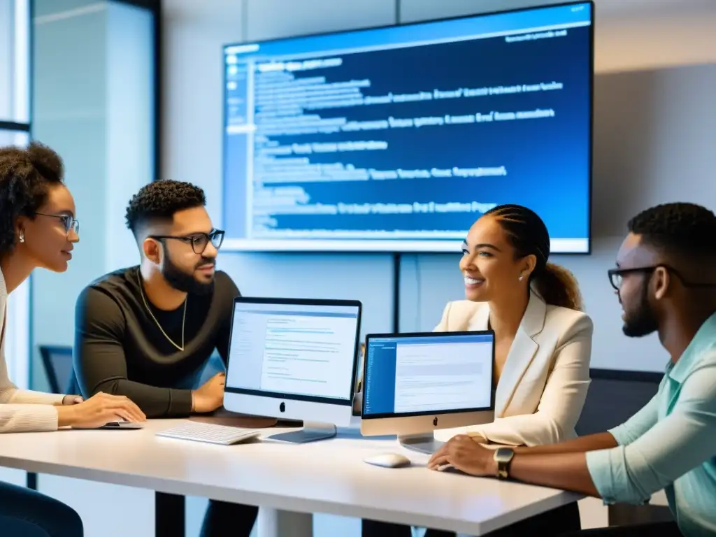 Un equipo diverso colaborando en software de código abierto en un espacio moderno y profesional