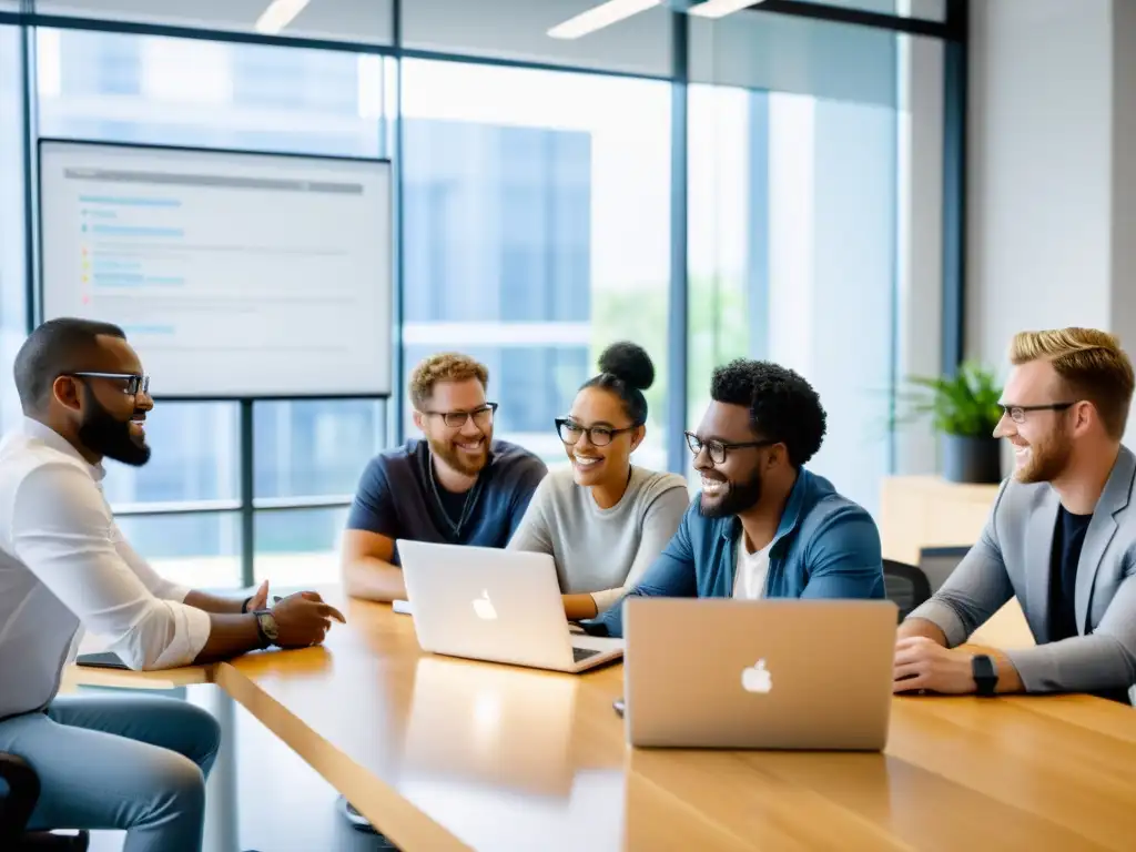 Equipo diverso de una startup colaborando en aplicaciones de productividad de código abierto en una oficina moderna