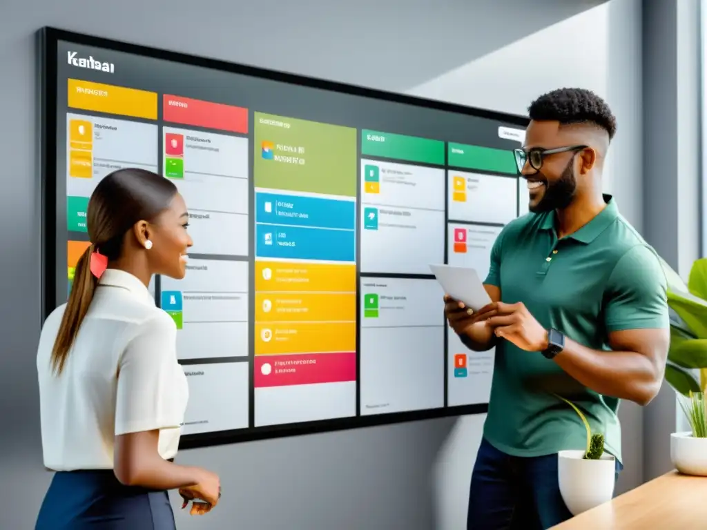 Un equipo diverso colabora en un tablero Kanban digital, mejorando productividad con tarjetas coloridas y progreso visible, en un espacio de trabajo minimalista