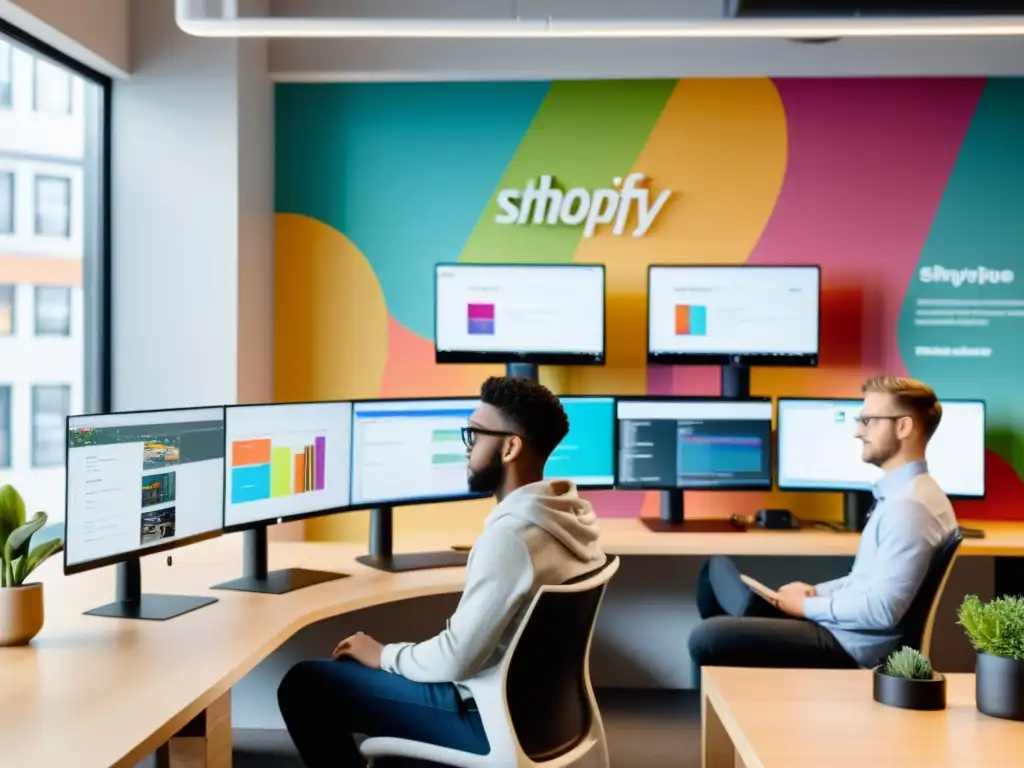 Equipo diverso personalizando tienda Shopify con aplicaciones de código abierto en un espacio moderno y lleno de energía creativa