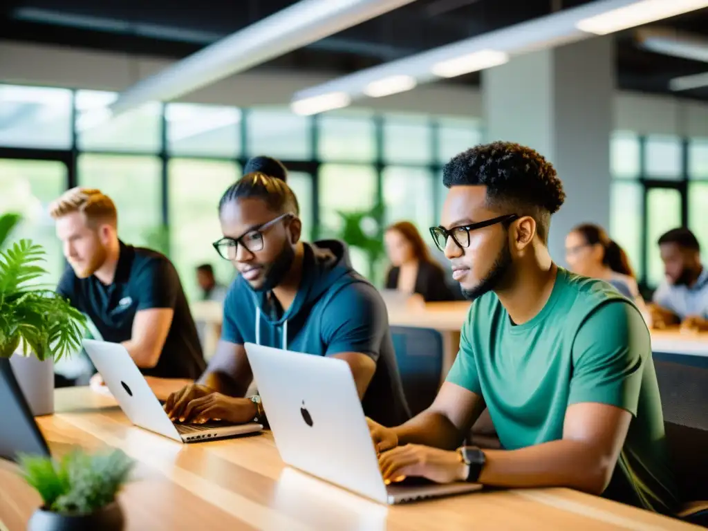 Equipo de emprendimientos tecnológicos con software de código abierto, colaborando en una oficina innovadora llena de luz natural y tecnología moderna