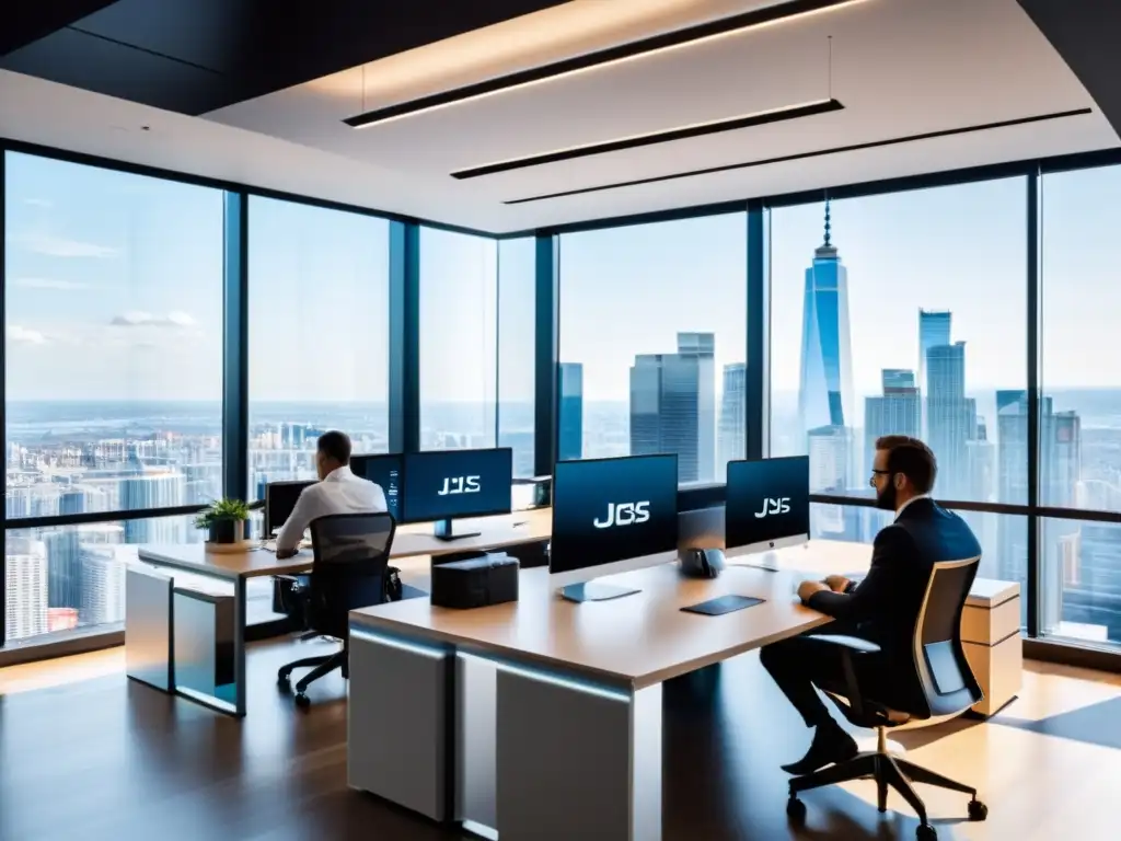 Equipo colaborando en un espacio de oficina moderno con vistas a la ciudad