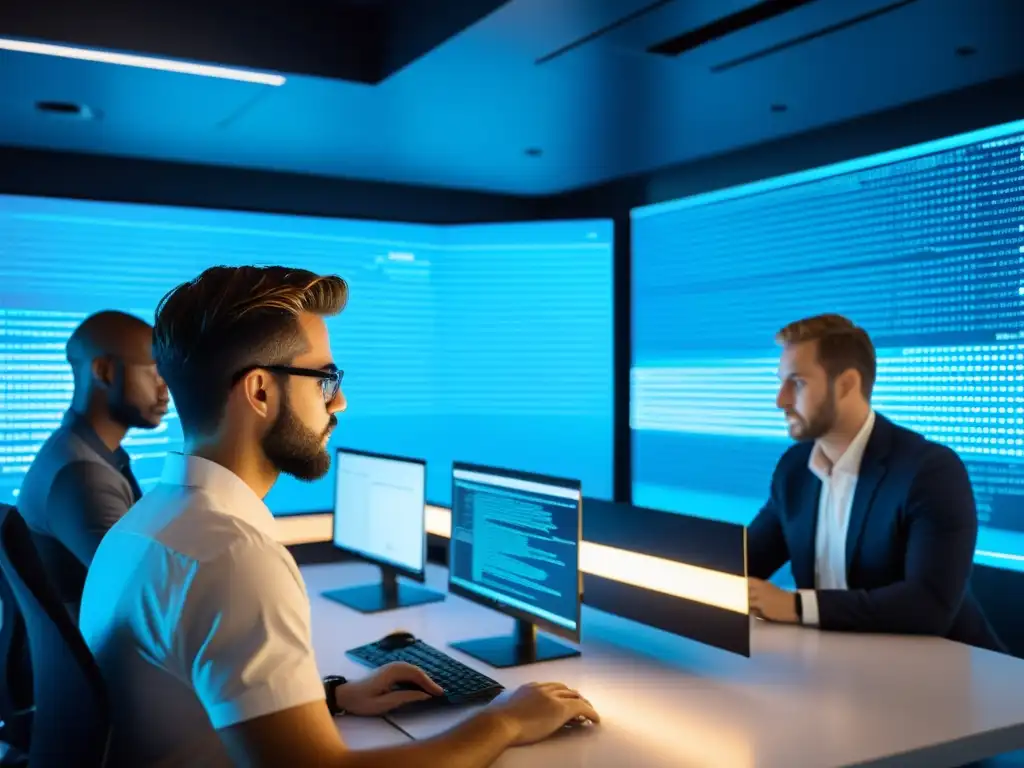 Equipo de expertos en ciberseguridad realizando auditorías de seguridad en proyectos de código abierto en una oficina futurista