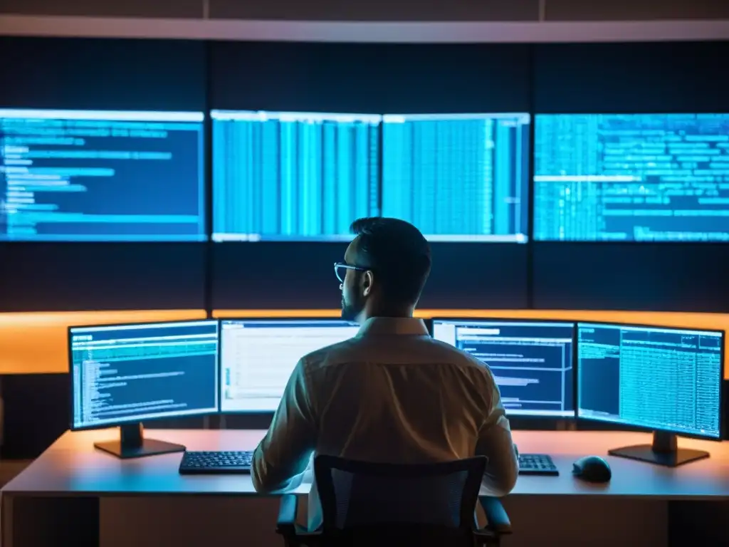 Expertos en ciberseguridad analizan código y tráfico de red Un equipo de expertos en ciberseguridad analiza datos en una sala intensamente iluminada por pantallas de ordenador