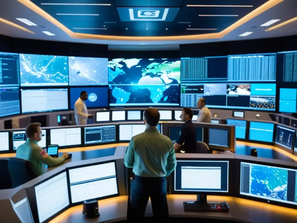 Misión espacial: colaboración y tecnología Open Source Equipo de exploración espacial colaborando en centro de control, destacando el papel de Open Source software en la exploración espacial