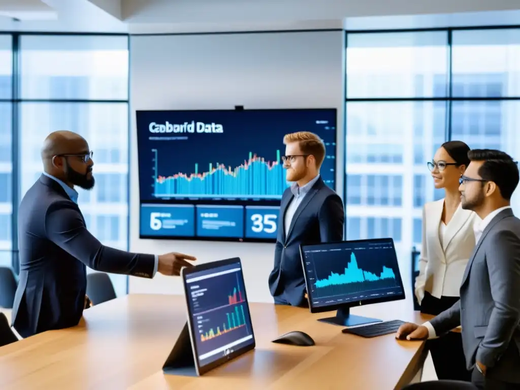 Un equipo de ingenieros en una oficina moderna, colaborando en tiempo real con visualizaciones de datos
