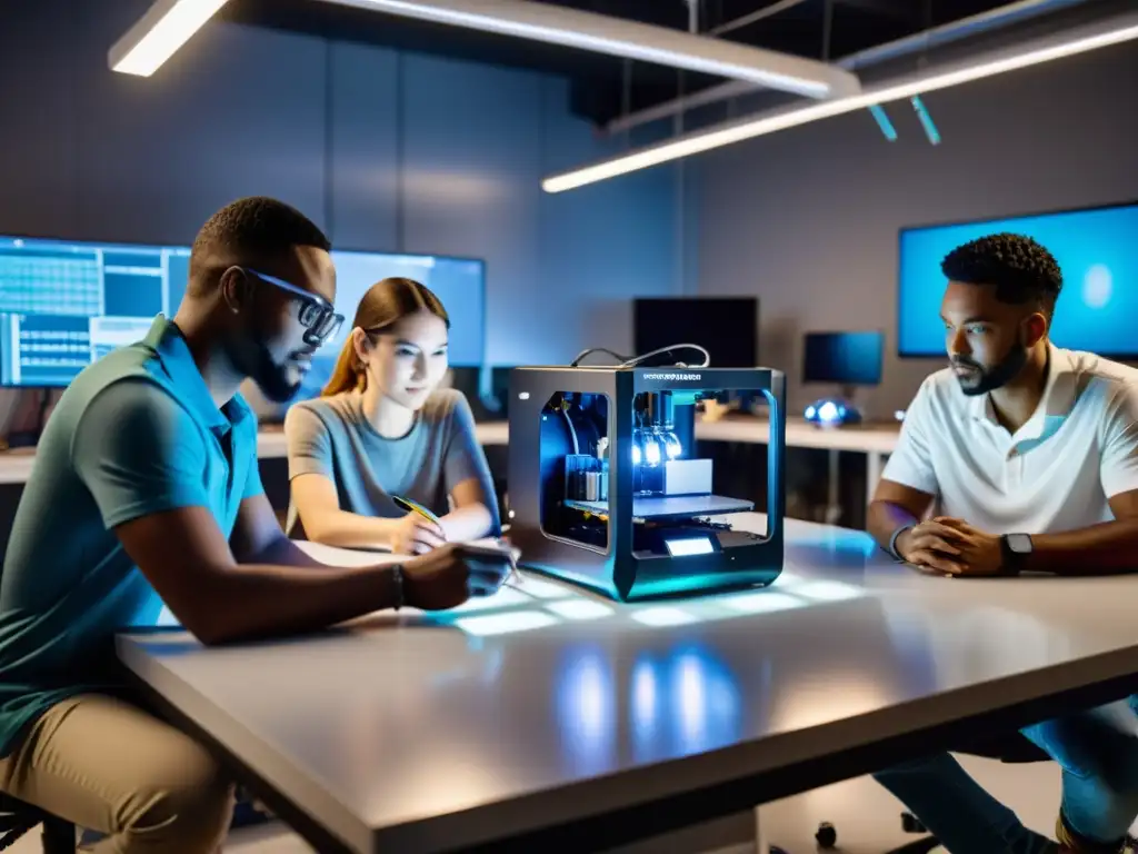 Equipo de ingenieros y programadores en un laboratorio de robótica de vanguardia, colaborando intensamente en la creación de tecnología