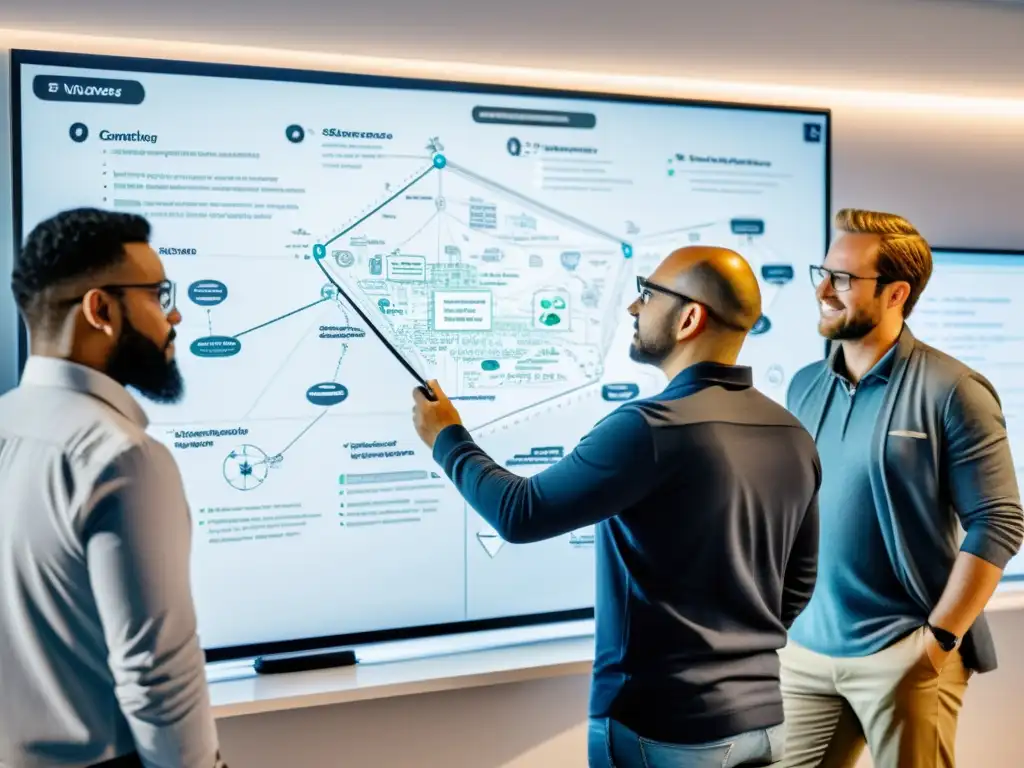 Equipo de ingenieros de software colaborando en el diseño detallado de arquitectura de microservicios