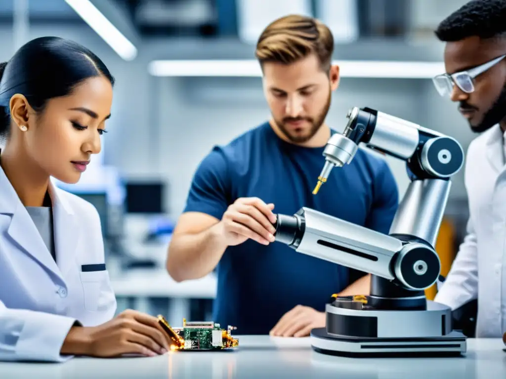 Equipo de ingenieros y técnicos colaborando en la construcción de un brazo robótico futurista en un laboratorio de vanguardia