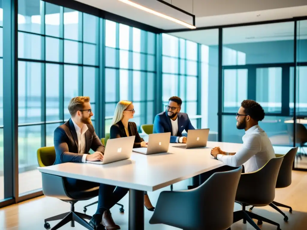 Un equipo de jóvenes profesionales colaborando en la implementación de ERP de código abierto para startups en una oficina moderna y luminosa, proyectando una energía dinámica y proactiva