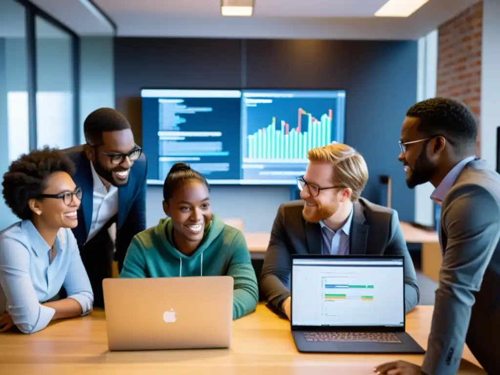 Equipo de jóvenes profesionales colaborando en proyectos de machine learning en startups open source, ambiente vibrante y tecnológico