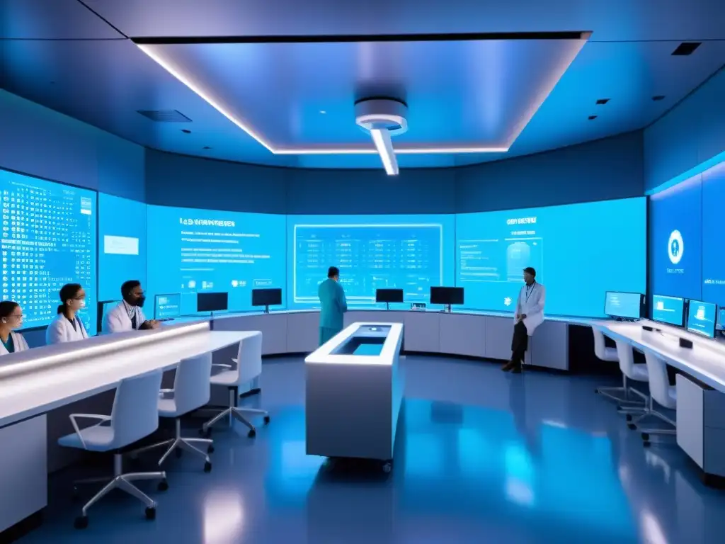Equipo médico diverso utiliza herramientas de código abierto e inteligencia artificial en futurístico laboratorio médico