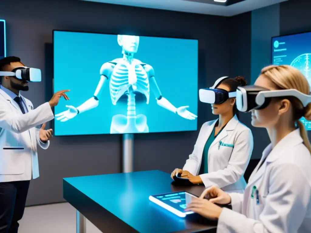 Especialistas médicos en eLearning con realidad virtual Equipo médico usando realidad virtual en sesión de eLearning