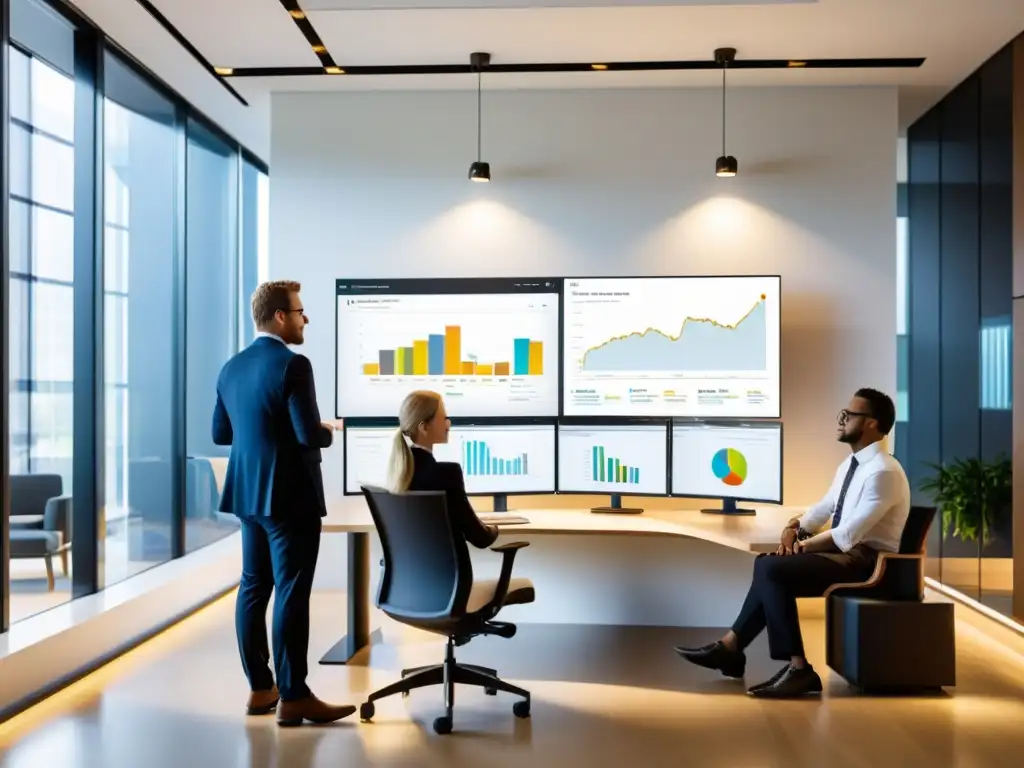 Equipo colaborando en moderna oficina con herramienta de Gestión de Proyectos en Linux