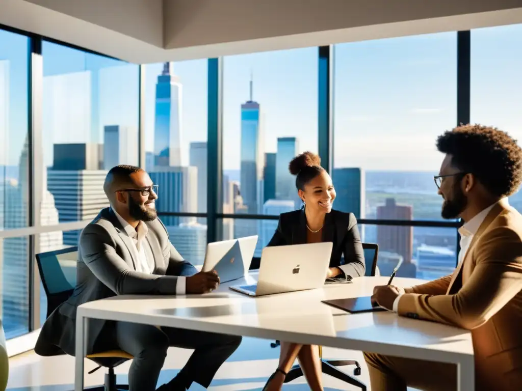 Equipo colaborando en oficina moderna con vista a la ciudad