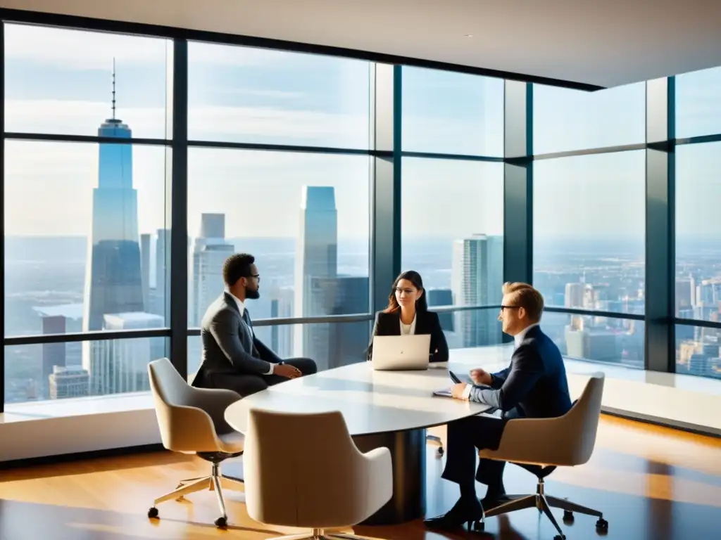 Un equipo profesional y enfocado discute en una oficina moderna con vista a la ciudad