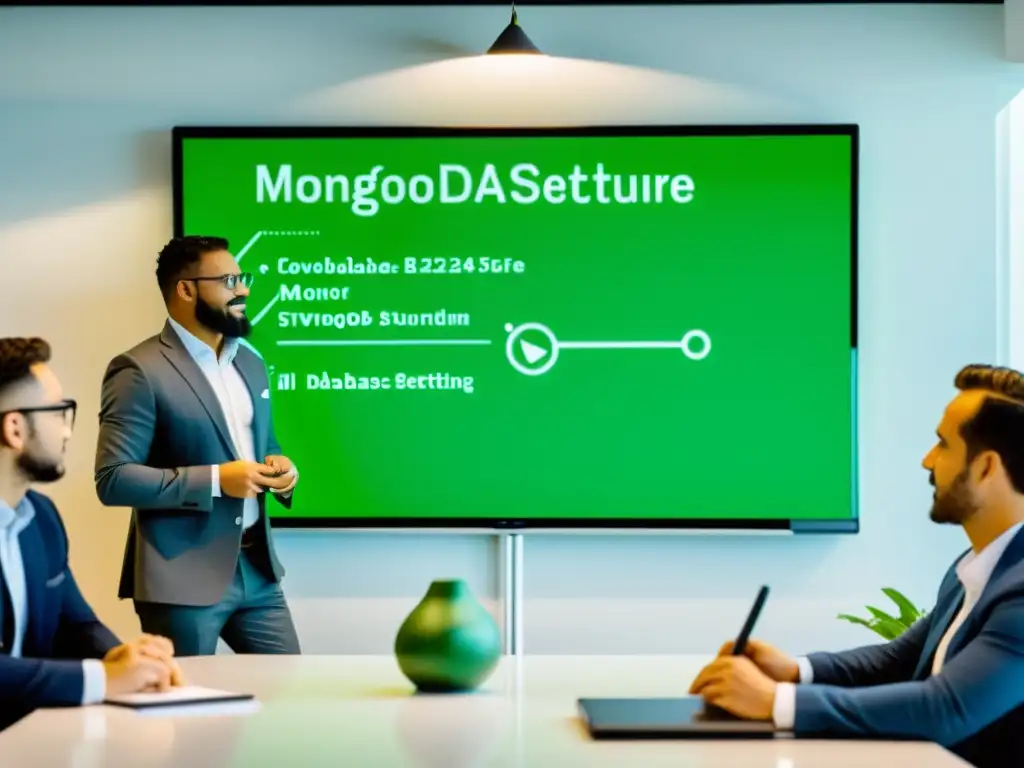 Equipo profesional colaborando en una oficina moderna, discutiendo las ventajas de MongoDB en bases de datos NoSQL