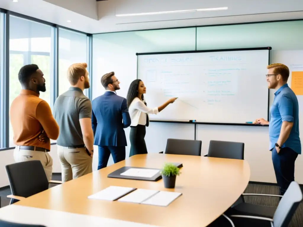 Equipo de profesionales participando en una capacitación de CMS Open Source en un entorno de oficina moderno y luminoso