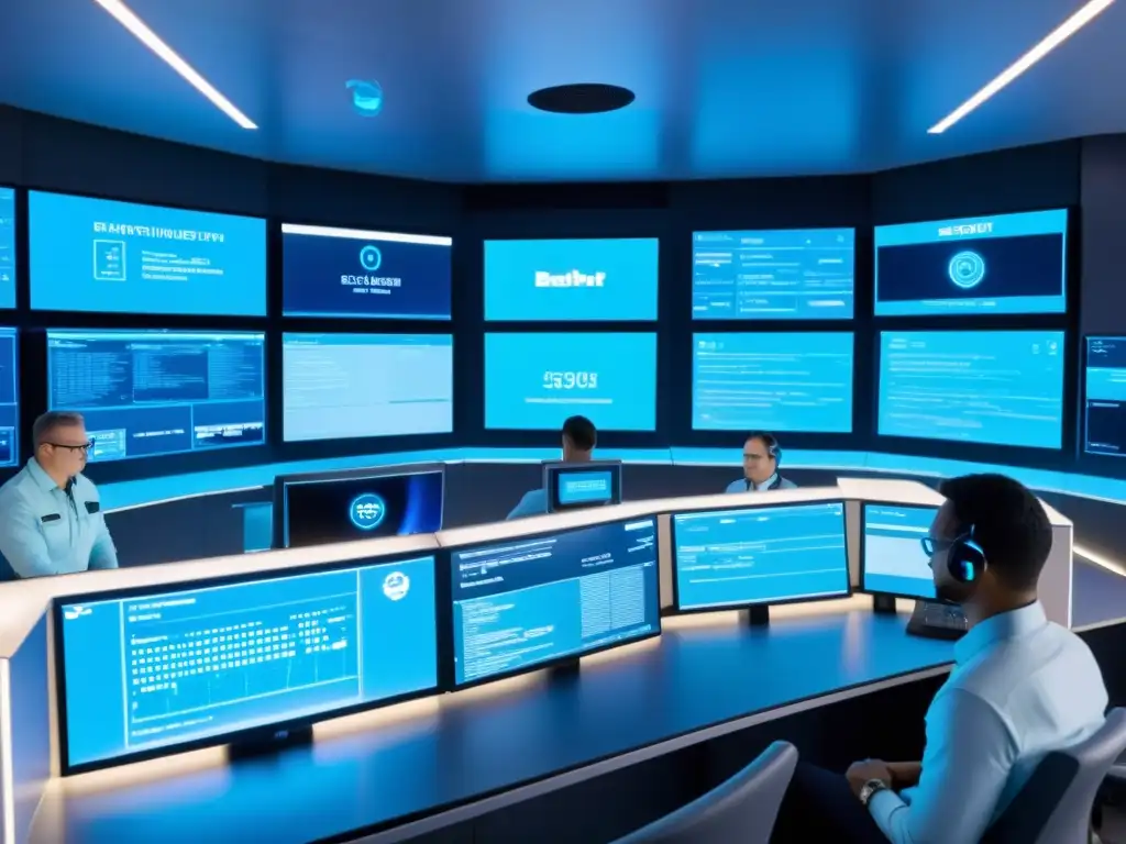 Equipo de profesionales en un centro de control futurista, monitoreando datos de seguridad en tiempo real