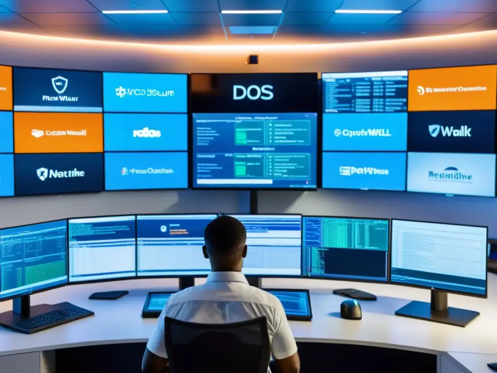 Un equipo de profesionales de ciberseguridad monitorea y protege una red contra ataques DDoS con un firewall de código abierto