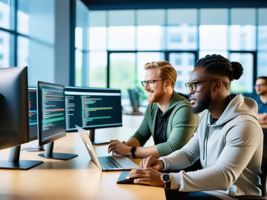 Equipo de profesionales diversos colaborando en codificación en una oficina moderna de concepto abierto, con luz natural y artificial