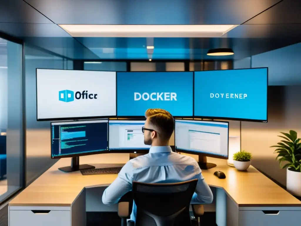 Un equipo de profesionales desarrolladores colaborando en un moderno espacio de oficina, con un ordenador ejecutando contenedores Docker