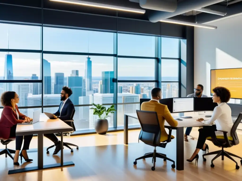 Equipo de profesionales diverso colaborando en un espacio de trabajo moderno y abierto, con luz natural y tecnología de vanguardia