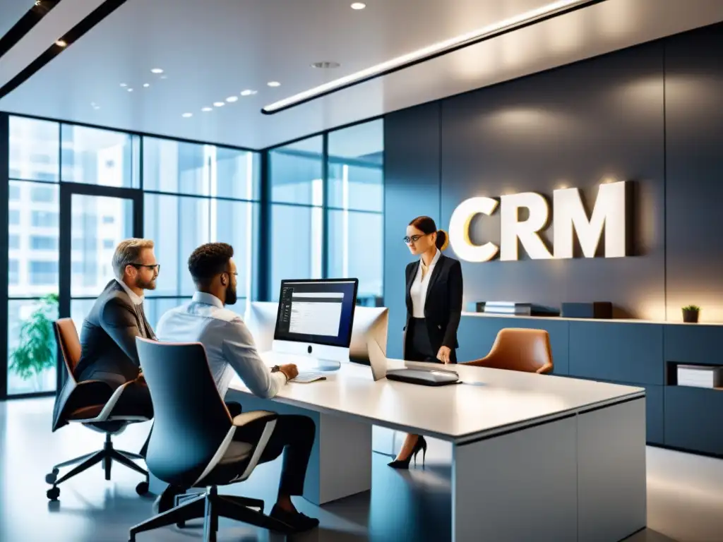 Un equipo de profesionales personaliza el CRM en un entorno de oficina moderno, fomentando la innovación y la colaboración