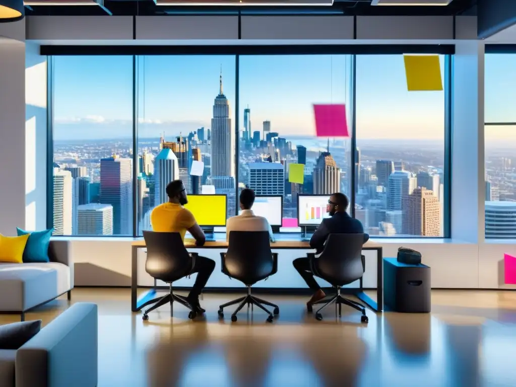 Equipo de profesionales colaborando en un espacio de oficina moderno, con vista a la ciudad