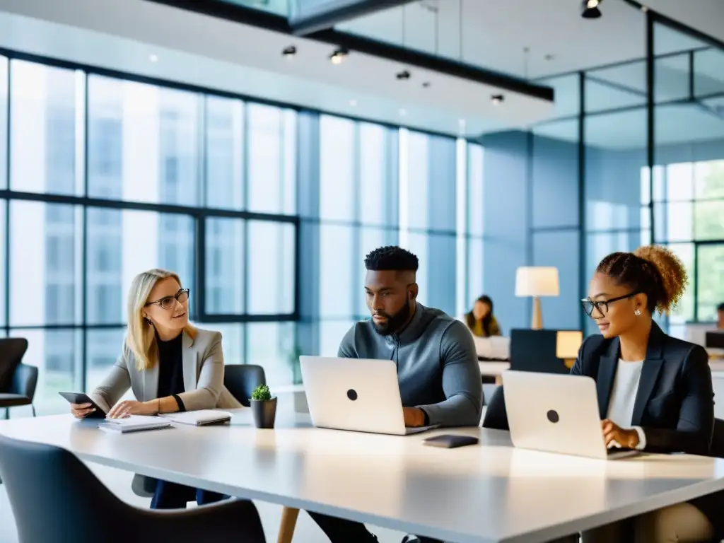 Un equipo de profesionales diversos colaborando en un espacio de oficina moderno, trabajando en laptops y tabletas