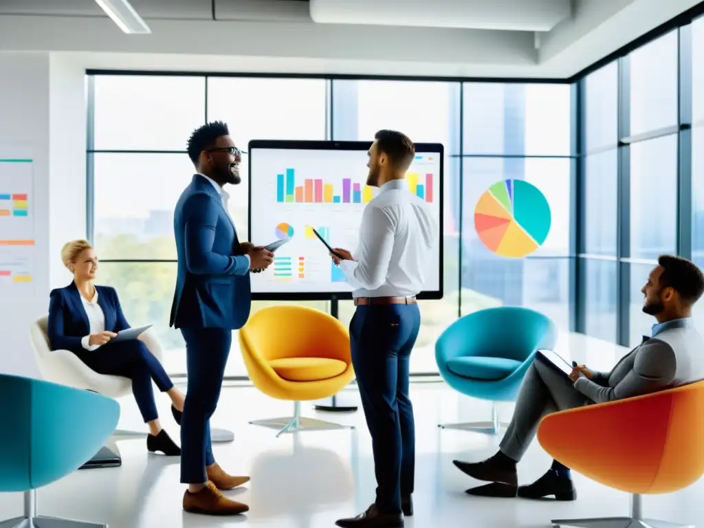 Un equipo de profesionales colabora en un espacio de oficina moderno y elegante, con luz natural y tecnología de vanguardia