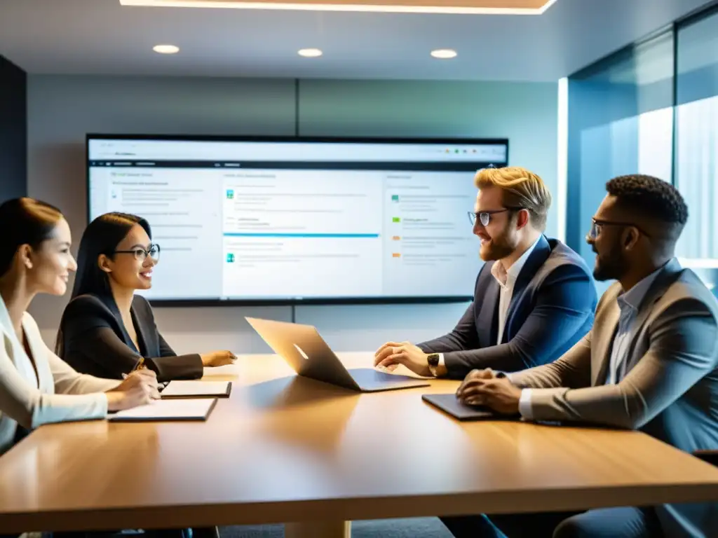 Equipo de profesionales colaborando en la gestión de proyectos en Linux en un espacio moderno y dinámico, bañado en luz natural
