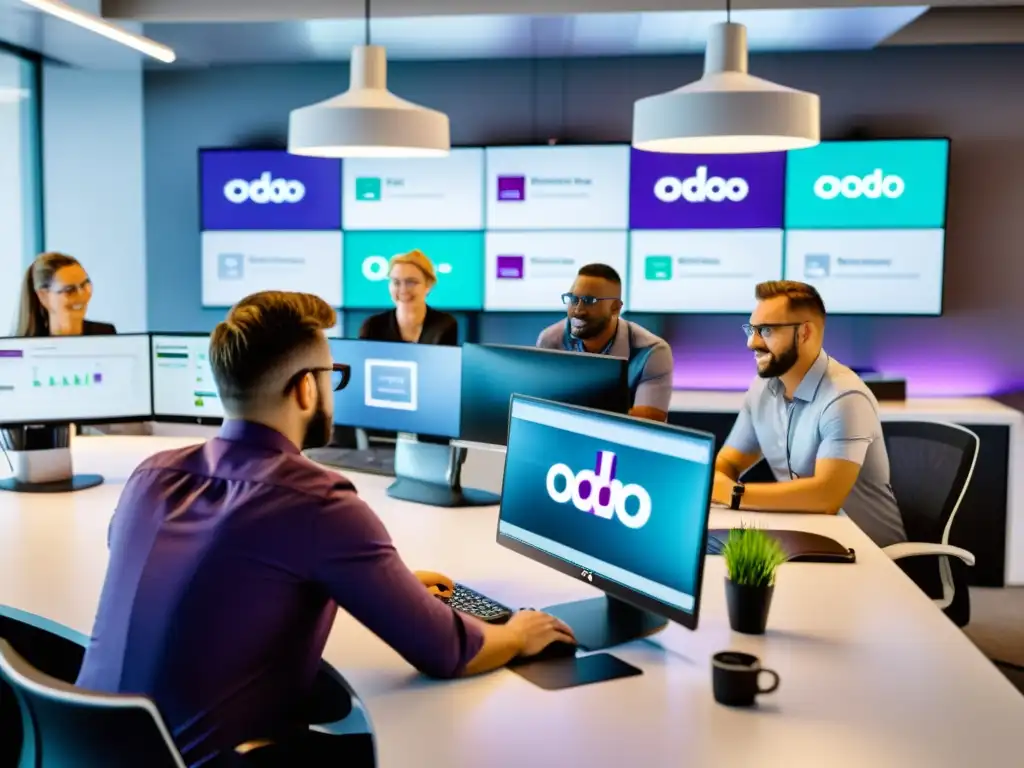 Equipo de profesionales implementando Odoo en un entorno de oficina moderno y dinámico