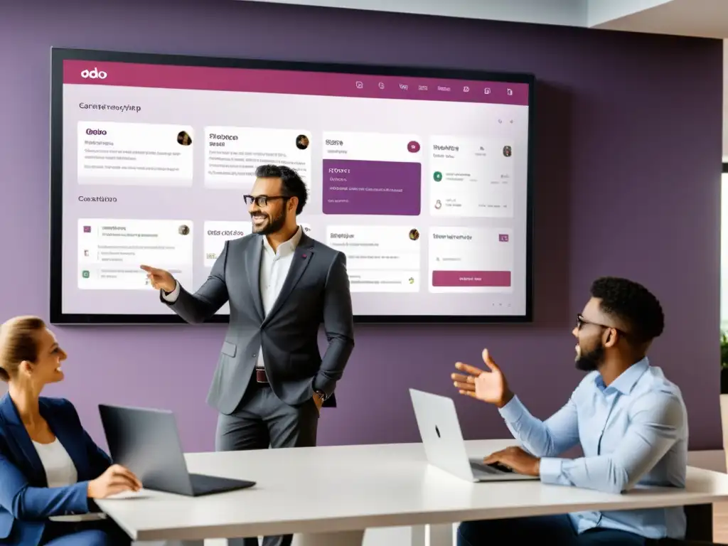 Equipo de profesionales implementando Odoo en tu negocio en una oficina moderna llena de luz natural, colaborando en una pantalla táctil
