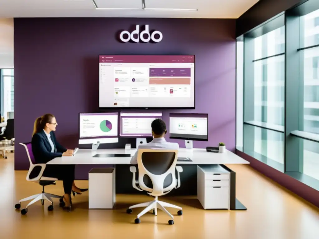 Equipo de profesionales personalizando Odoo en una oficina moderna