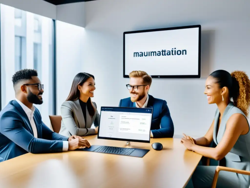 Equipo de profesionales en una oficina moderna discutiendo estrategias de automatización de marketing usando Mautic