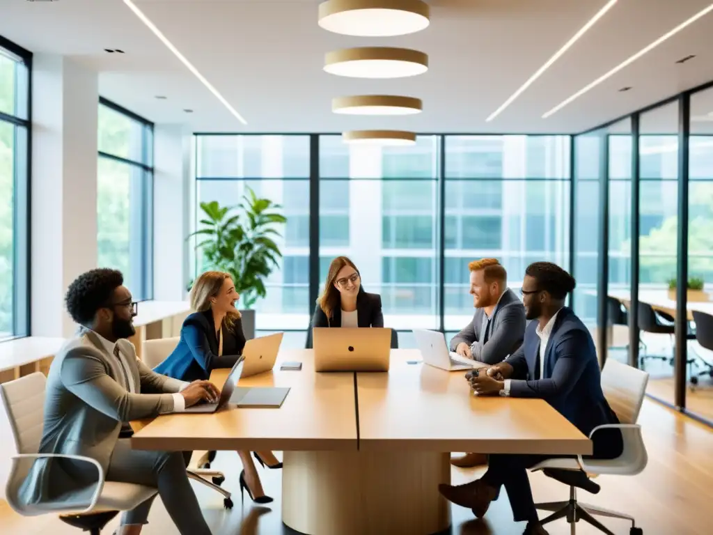 Equipo de profesionales en una oficina moderna, colaborando en una animada reunión