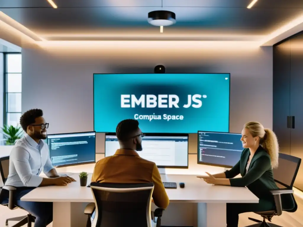 Equipo de profesionales colaborando en una oficina moderna, con código de Ember
