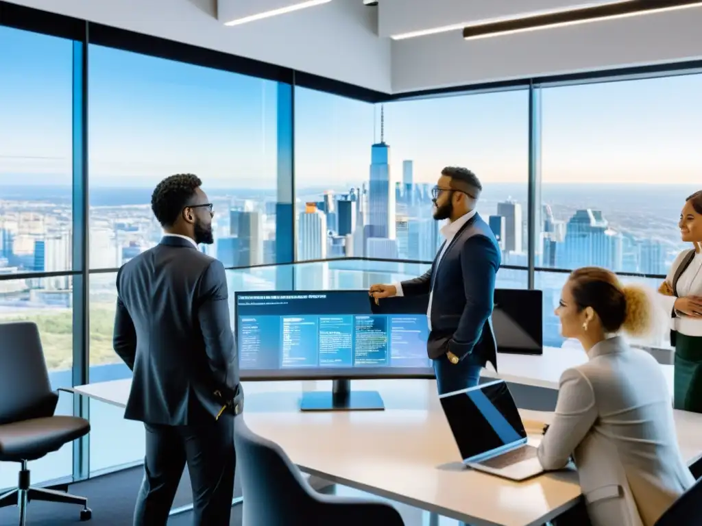 Un equipo de profesionales colaborando en una oficina moderna, con una vista de la ciudad al fondo