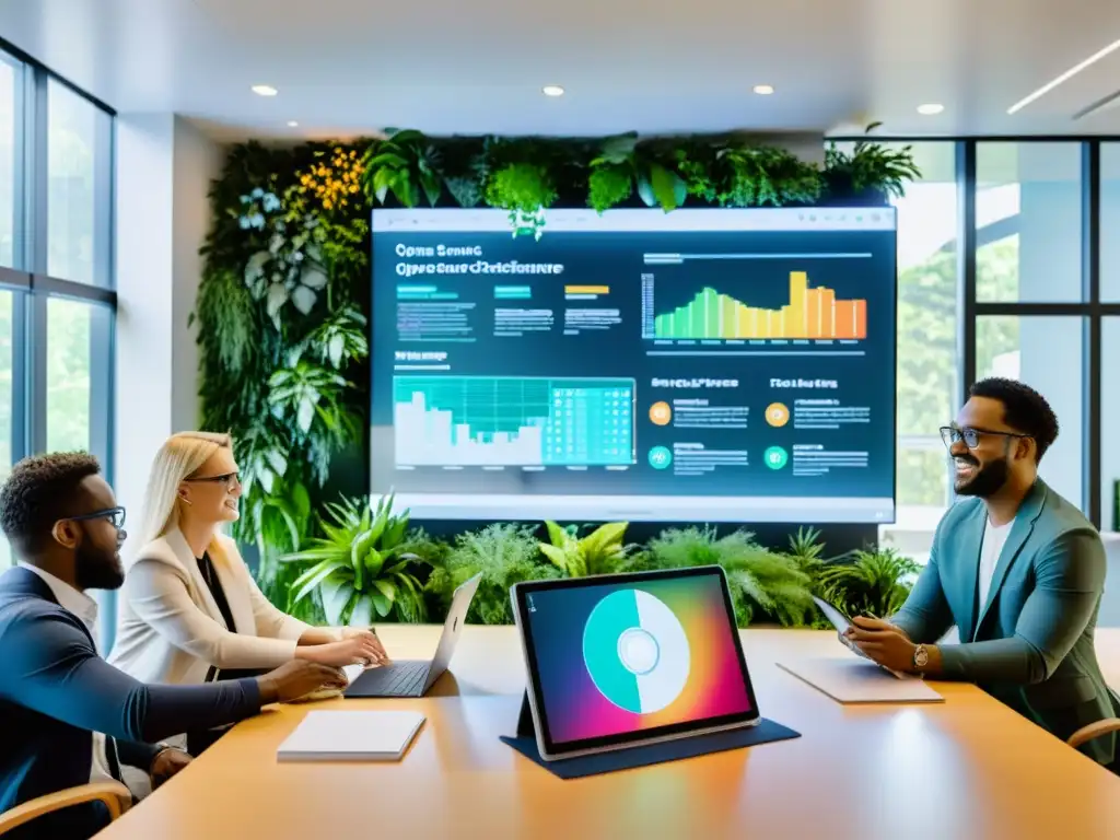 Un equipo de profesionales diversos colaborando en un proyecto digital con software abierto, en un ambiente profesional dinámico y luminoso