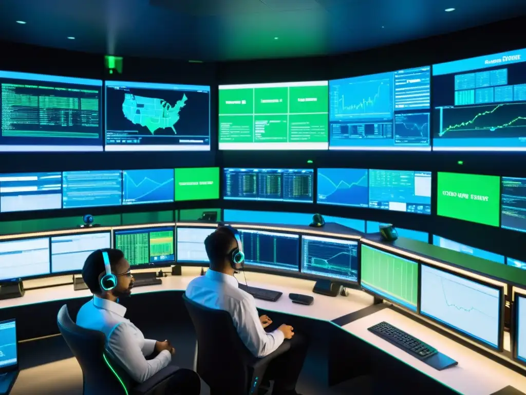 Un equipo de profesionales monitorea una red en un centro de operaciones, con pantallas que muestran datos en tiempo real