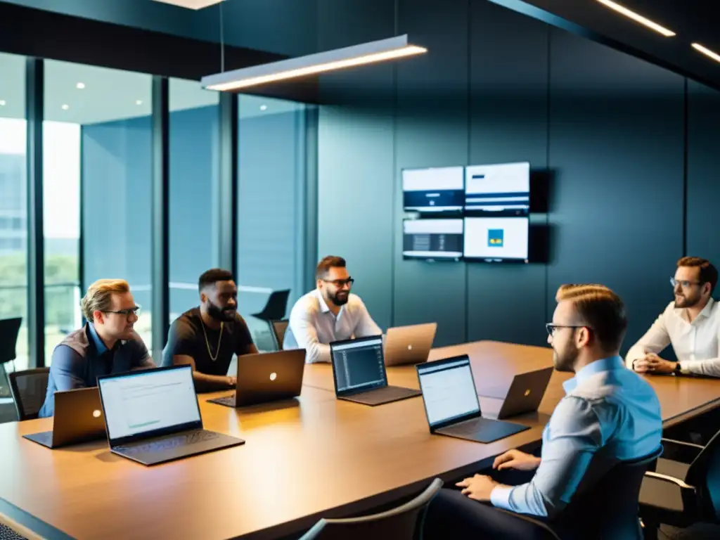 Profesionales de TI configurando Samba en un sistema BSD Un equipo de profesionales de TI configura Samba en un sistema BSD en una oficina moderna llena de luz natural