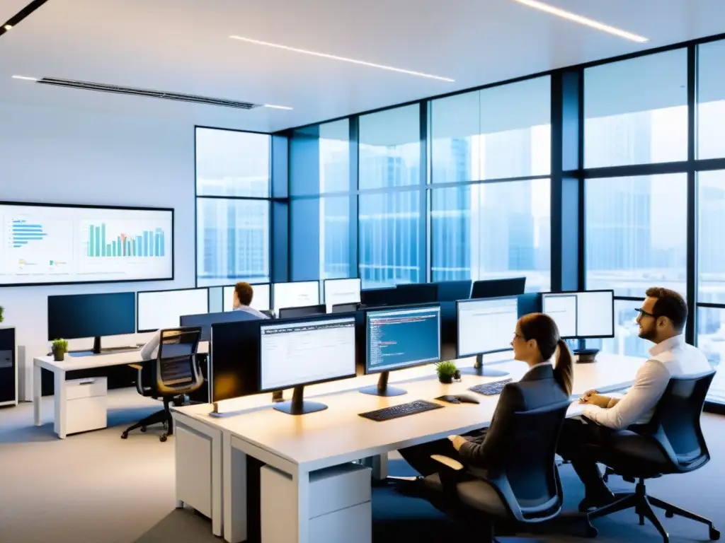 Equipo de profesionales trabajando en software de código abierto y cumplimiento PCI DSS en una oficina moderna, con luz natural y muebles minimalistas